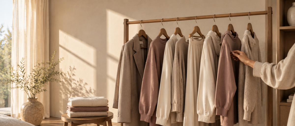 Minimal clothing rail with cream, taupe and mauve pieces beside a stack of folded knitwear