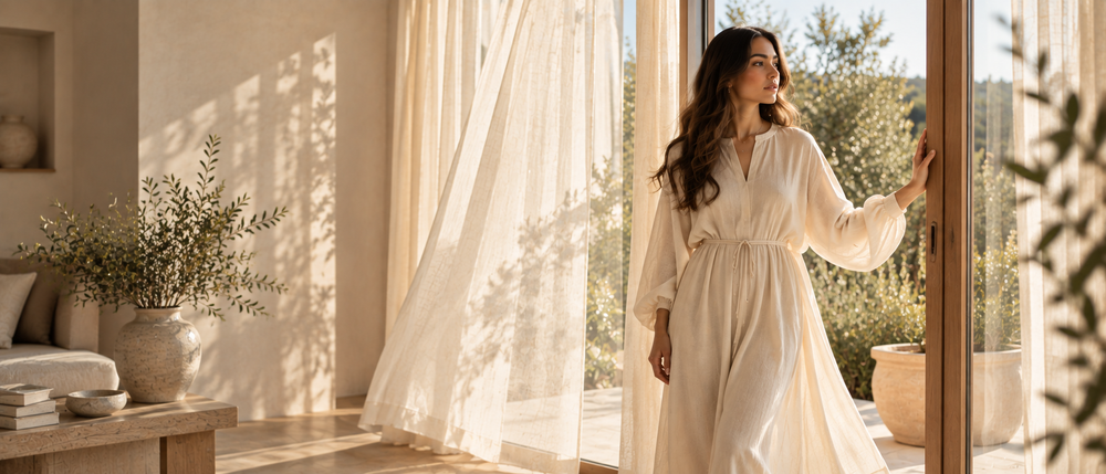 Woman in a lightweight cream linen dress in warm summer daylight