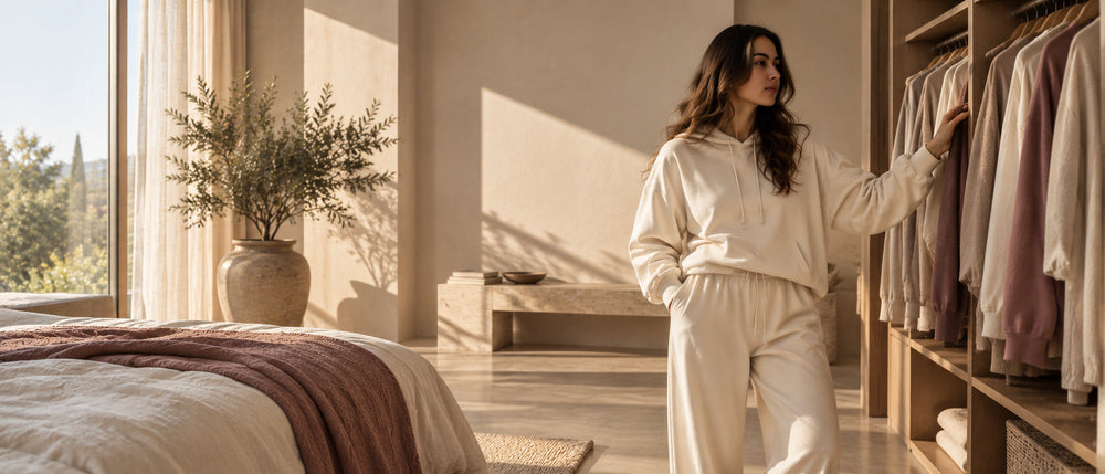 Woman in a cream hoodie and matching trousers beside an open wardrobe in warm morning light