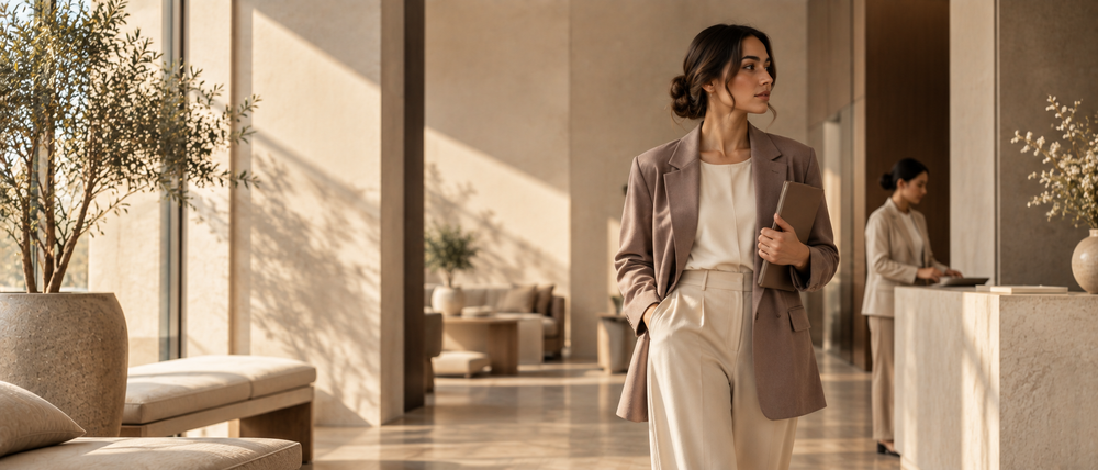 Woman in a mauve blazer and cream trousers walking through a calm modern hotel lobby